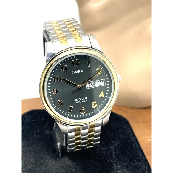 Timex Men's Watch T26481 Quartz 35mm Gray Dial Indiglo Two Tone Stretched Band - Picture 1 of 14